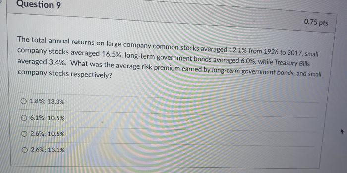  Question 9 0.75 pts The total annual returns on large company