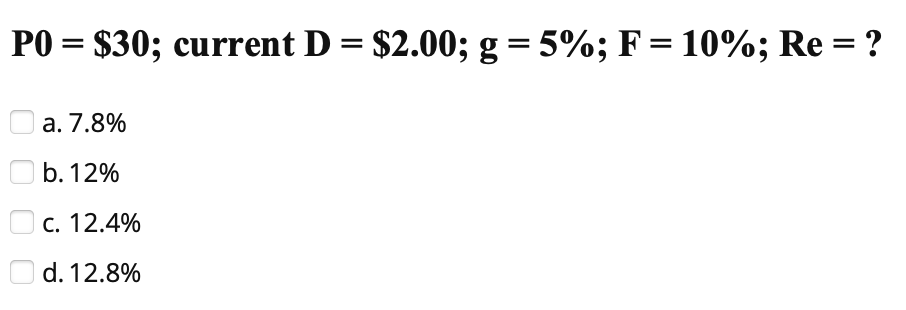 PO = $30; current D = $2.00; g = 5%; F