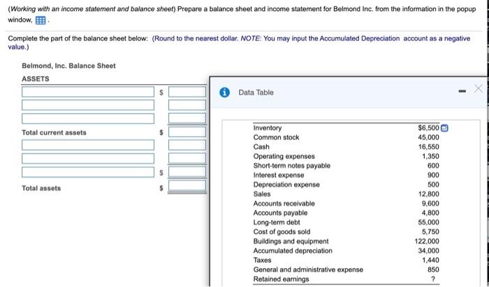 sheet and income statement for Belmond Inc. from the information in the