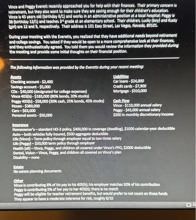  Vince and Pezev Everett recently approached you for help with their