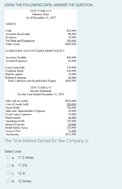 USING THE FOLLOWING DATA, ANSWER THE QUESTION: TEW COMPANY Balance Sheet