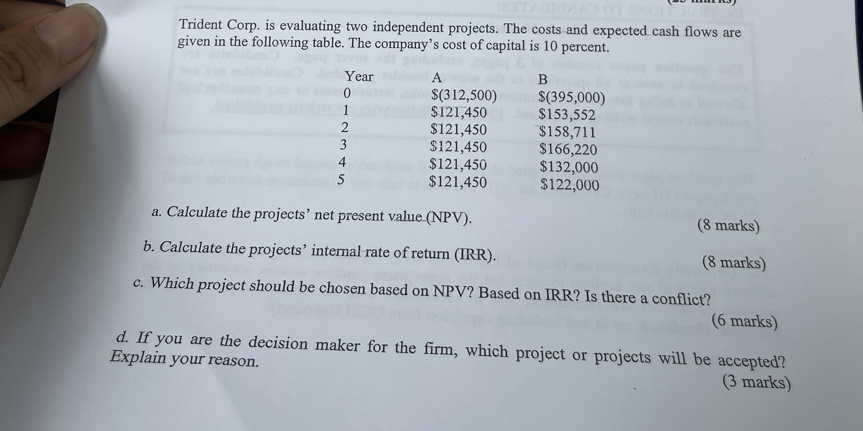  Trident Corp. is evaluating two independent projects. The costs-and expected cash