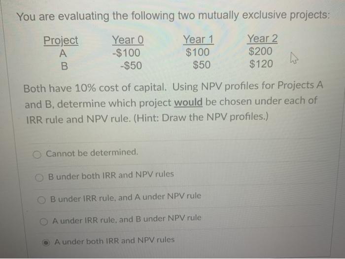  You are evaluating the following two mutually exclusive projects: Project B