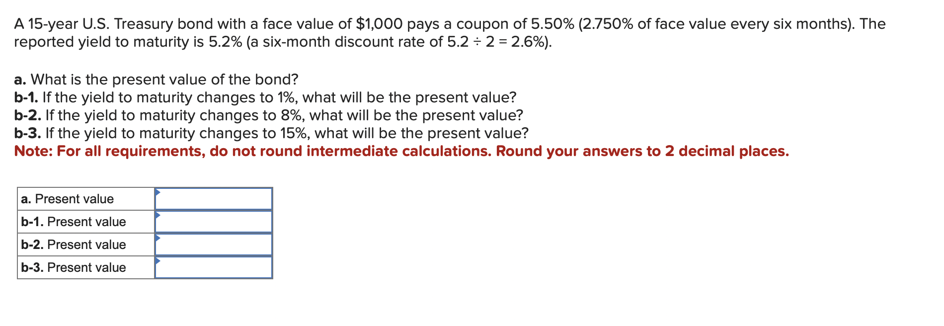  A 15-year U.S. Treasury bond with a face value of $1,000