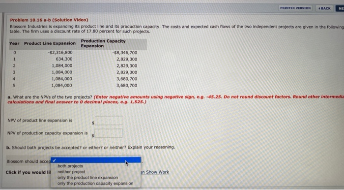  PRINTER VERSION BACK NE Problem 10.16 a-b (Solution Video) Blossom Industries