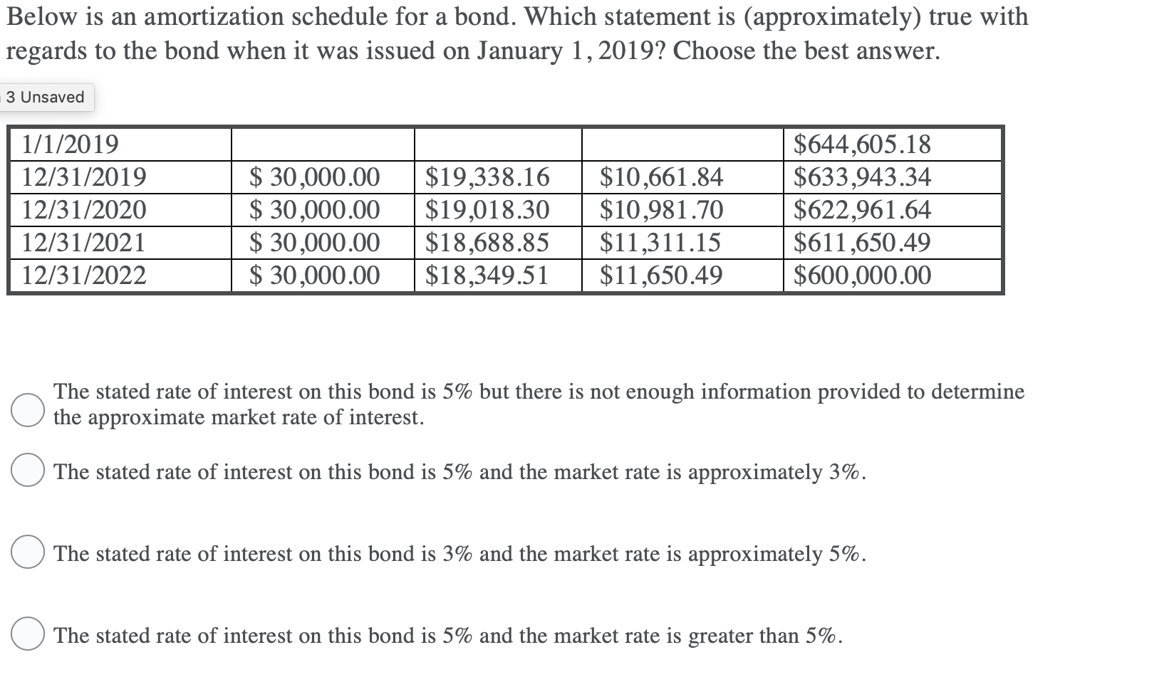 Below is an amortization schedule for a bond. Which statement is