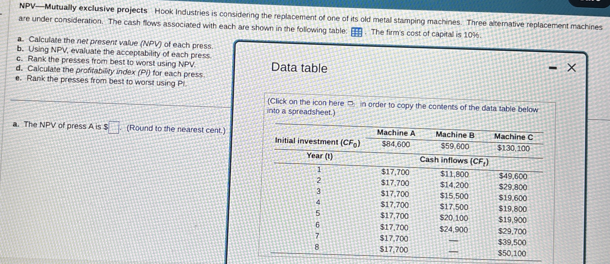  NPV-Mutually exclusive projects Hook Industries is considering the replacement of one