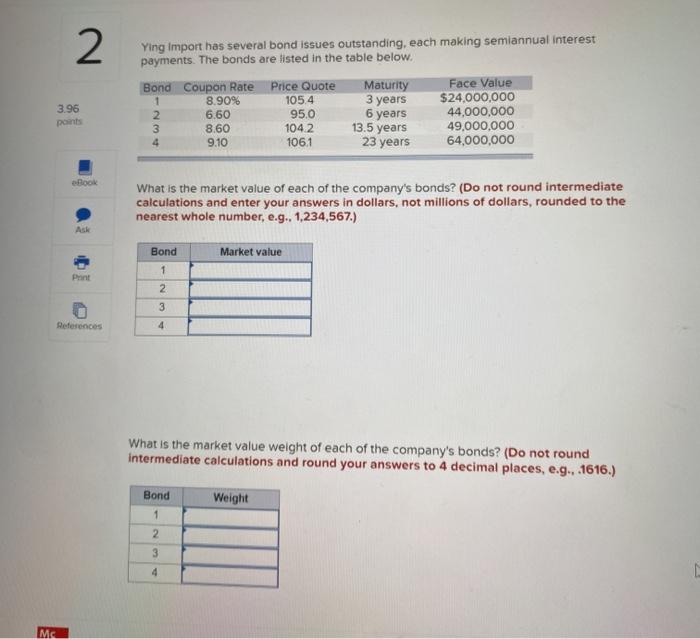  2 Ying import has several bond issues outstanding, each making semiannual