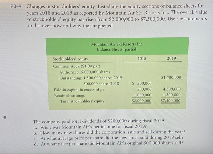  P3-9 Changes in stockholders' equity Listed are the equity sections of