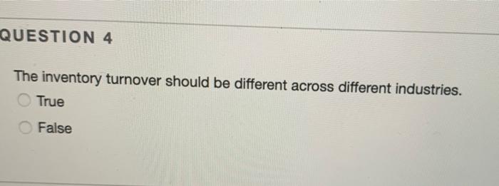  QUESTION 4 The inventory turnover should be different across different industries.