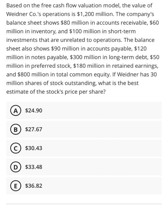  Based on the free cash flow valuation model, the value of