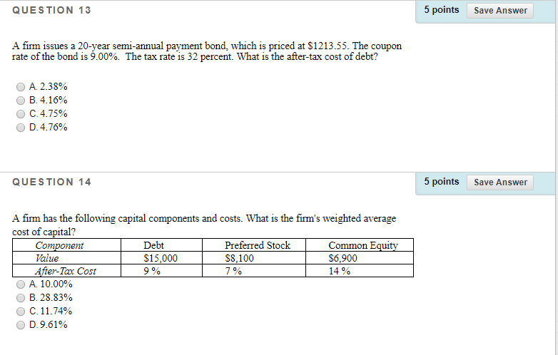 QUESTION 13 5 points Save Answer A firm issues a 20-year