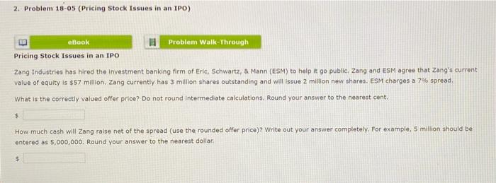  2. Problem 18-05 (Pricing Stock Issues in an IPO) ebook 12