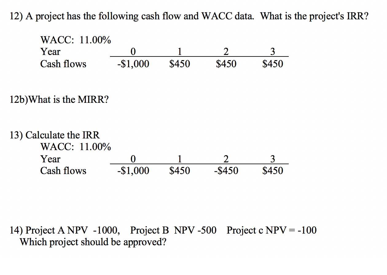 Please answer each question. 12) A project has the following cash flow