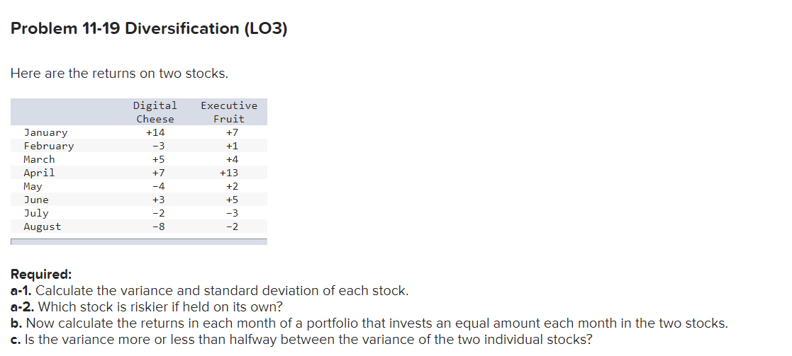  Problem 11-19 Diversification (L03) Here are the returns on two stocks.