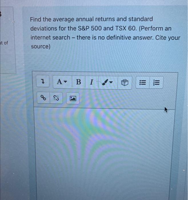  Find the average annual returns and standard deviations for the S\&P