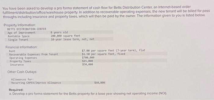  You have been asked to develop a pro forma statement of