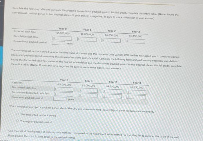  Complete the following table and compute the project's comentional payback period.