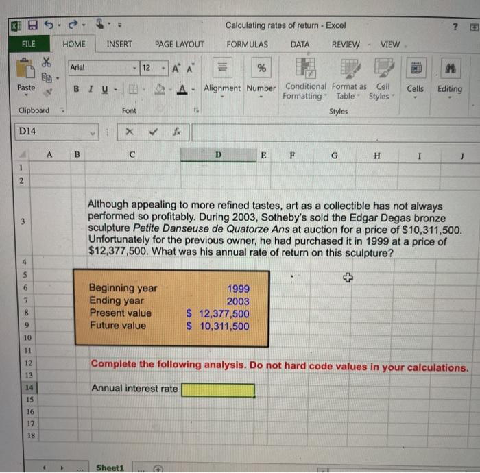  Calculating rates of return - Excel ? FILE HOME INSERT PAGE