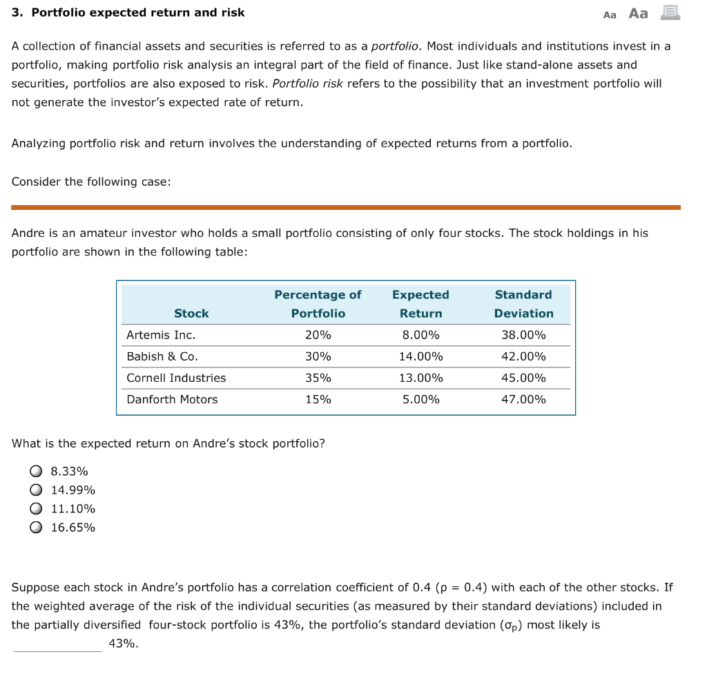  3. Portfolio expected return and risk Aa Aa A collection of