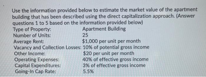 find market value 25 Use the information provided below to estimate the