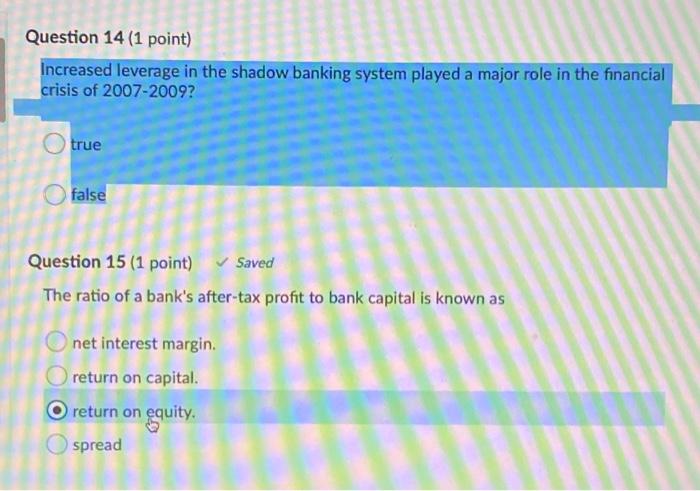  Question 14 (1 point) Increased leverage in the shadow banking system