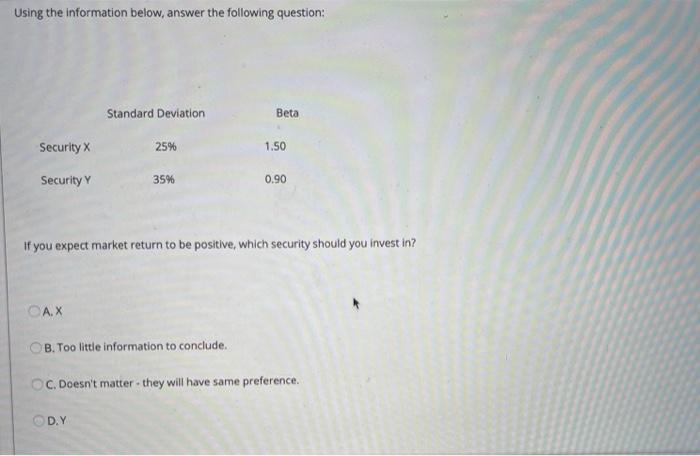  Using the information below, answer the following question: Standard Deviation Beta
