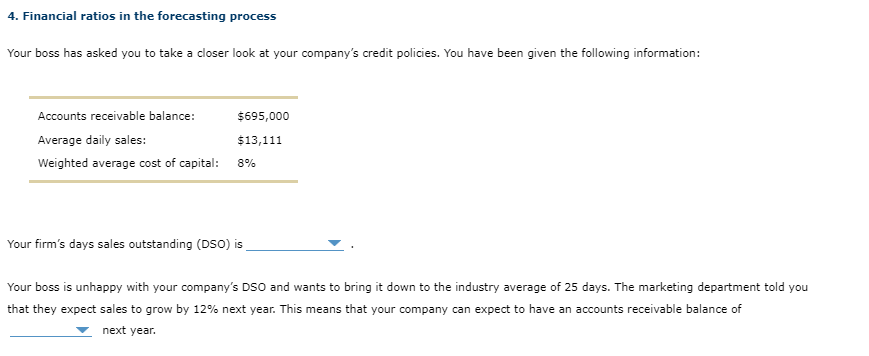 4. Financial ratios in the forecasting process Your boss has asked