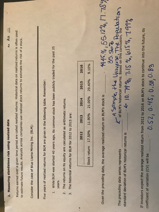  Aa Aa 2. Measuring standalone risk using realized data Returns earned