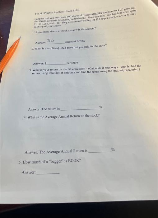  Fin 315 Practice Problems: Siock Splits Suppose that you rurchased 100