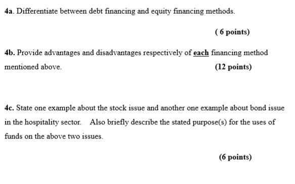 4a. Differentiate between debt financing and equity financing methods. (6 points)