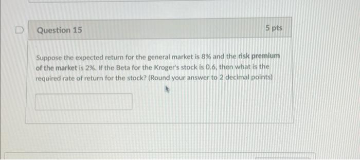 please help D Question 15 5 pts Suppose the expected return for