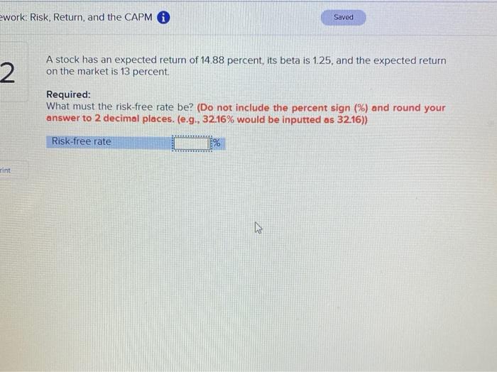  work. Risk, Return, and the CAPM O Saved 2 A stock