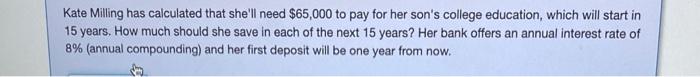  Kate Milling has calculated that she'll need $65,000 to pay for