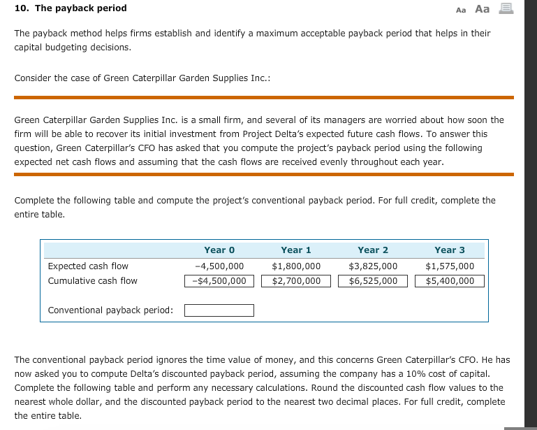 10. The payback period Aa Aa The payback method helps firms