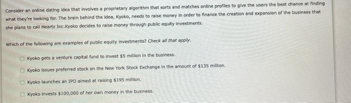  Consider an online dating idea that involves a proprietary algorithm that