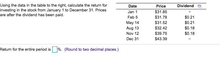  Dividend Using the data in the table to the right, calculate