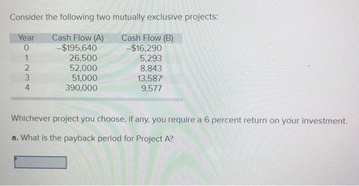  Consider the following two mutually exclusive projects: Year Cash Flow (A)