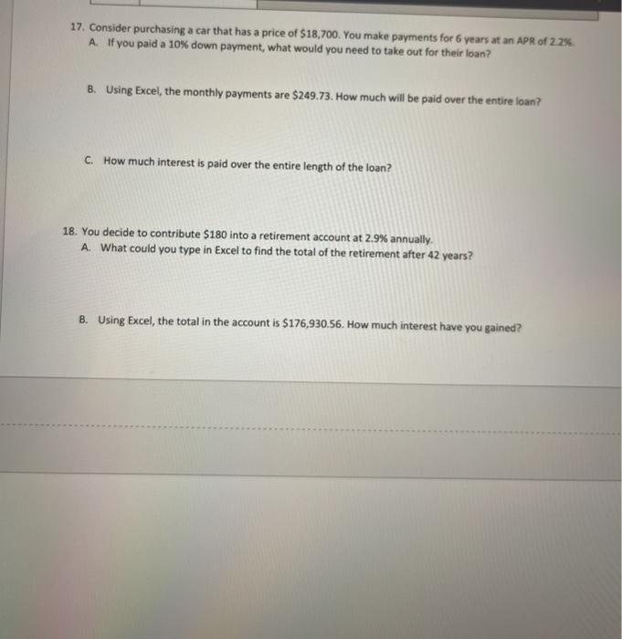 question 17 ,18 for math 123 17. Consider purchasing a car that