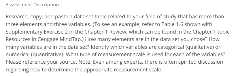  Assessment Description Research, copy, and paste a data set table related