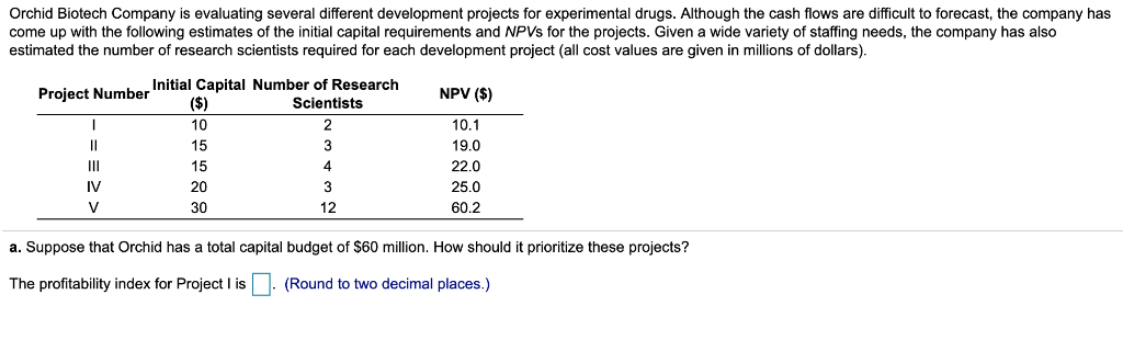  Orchid Biotech Company is evaluating several different development projects for experimental