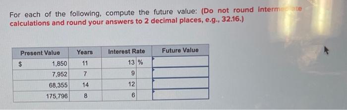 For each of the following, compute the future value: (Do not