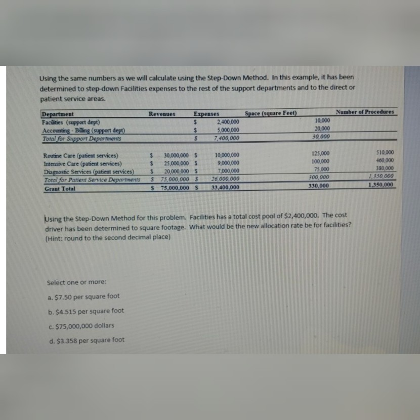 Method. In this example, it has been determined to step-down Facilities expenses