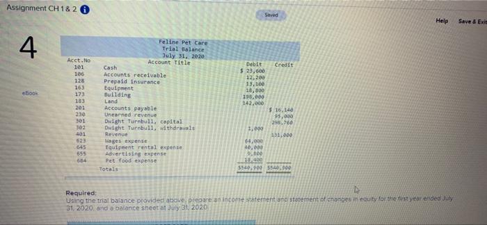  Assignment CH 1&2 Saved Help Save & Exit 4 ebook Acct.