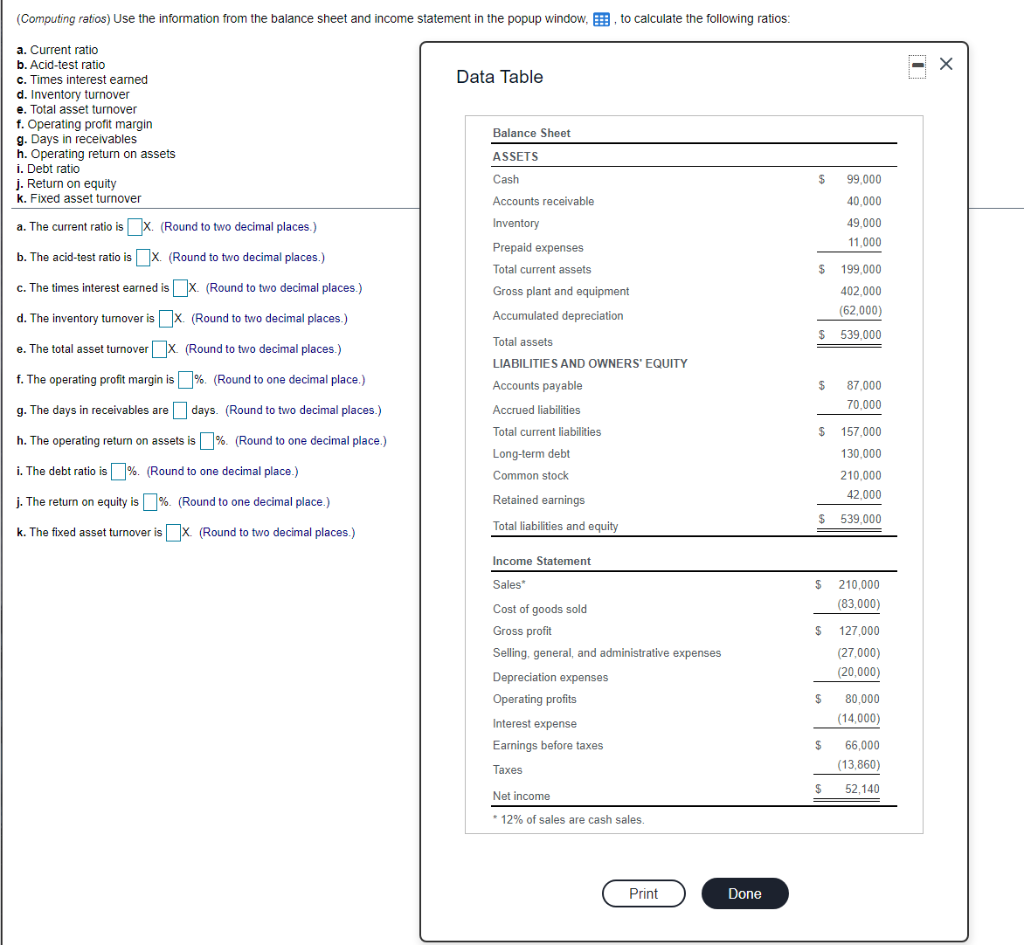 (Computing ratios) Use the information from the balance sheet and income