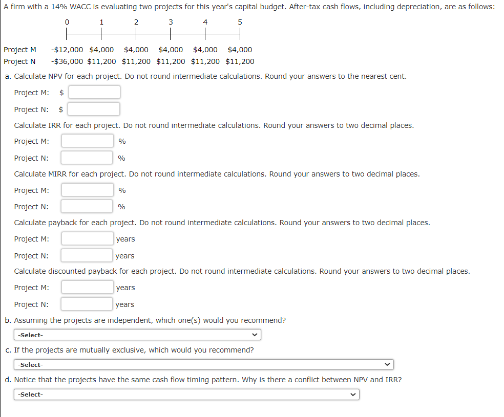  A firm with a 14% WACC is evaluating two projects for