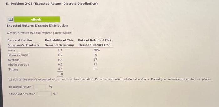  5. Problem 2-05 (Expected Return: Discrete Distribution) Expected Return: Discrete Distribution