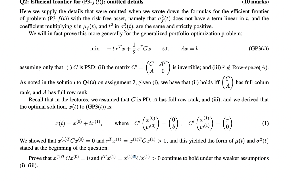  Q2: Efficient frontier for (P3-f(t)): omitted details (10 marks) Here we