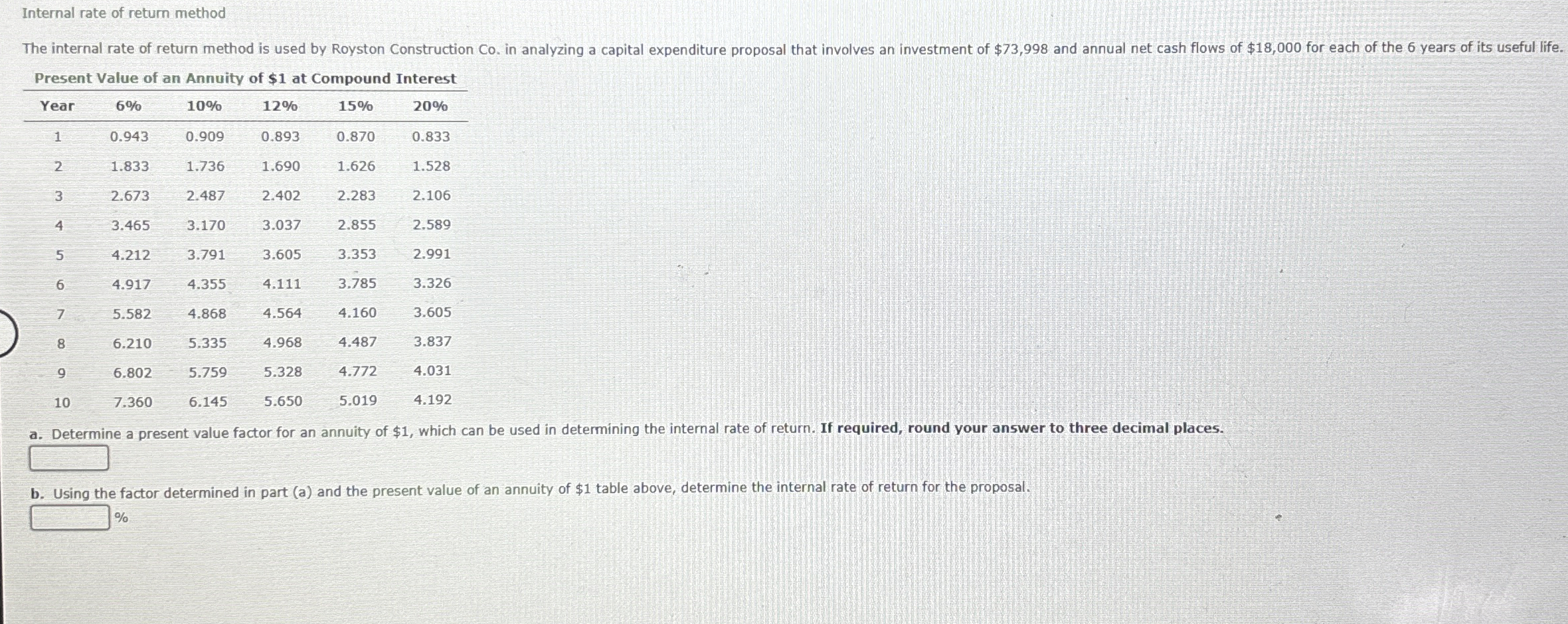  Internal rate of return method \table[[Present Value of an Annuity of