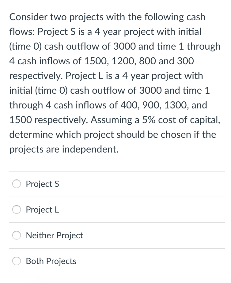 Consider two projects with the following cash flows: Project S is